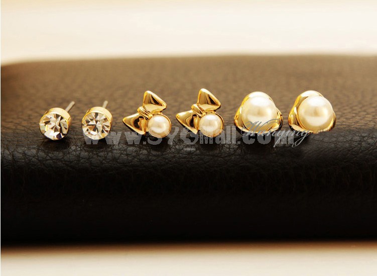 Wanying Pearl Crystal Stud Earrings ( Six Pieces)