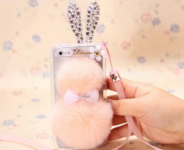 Bowknot Fashion Luxury Diamond Handmade Rex Rabbit Plush Fur Case Cover For iPhone 6 / 6 Plus 