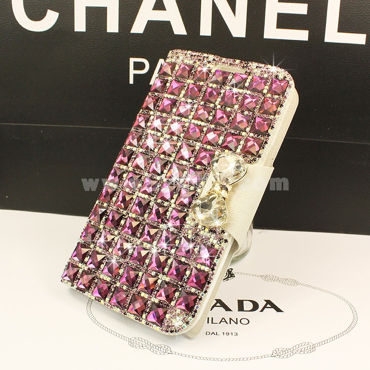 3D Clear Crystal Transparent Purple Bow Tie Rhinestone Leather Diamond Bling Flip Case Cover For Apple iPhone 6 /6 Plus