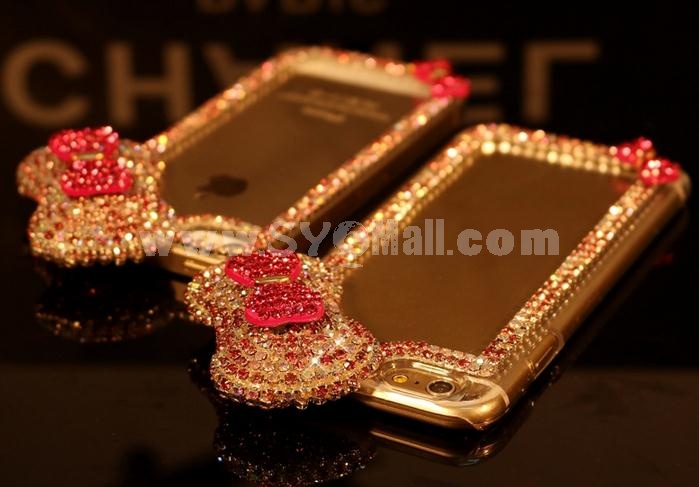 Bling Bowknot Red Flower Rhinstone Crystal Handmade Diamond Hard Back Case Cover for Apple iPhone 6 / 6 Plus 