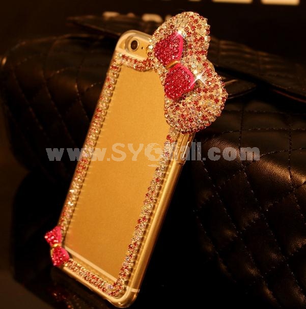 Bling Bowknot Red Flower Rhinstone Crystal Handmade Diamond Hard Back Case Cover for Apple iPhone 6 / 6 Plus 