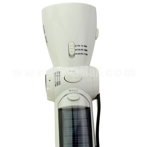 Solar Power Hand-Winding Crank Dynamo 4 LED Flashlight Torch+FM Radio+Charger - White