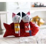 Wholesale - Zakka Hand Made Wood Crafts Coloured Drawing Home Decoration Fishing Couple Cat 2Pcs Set