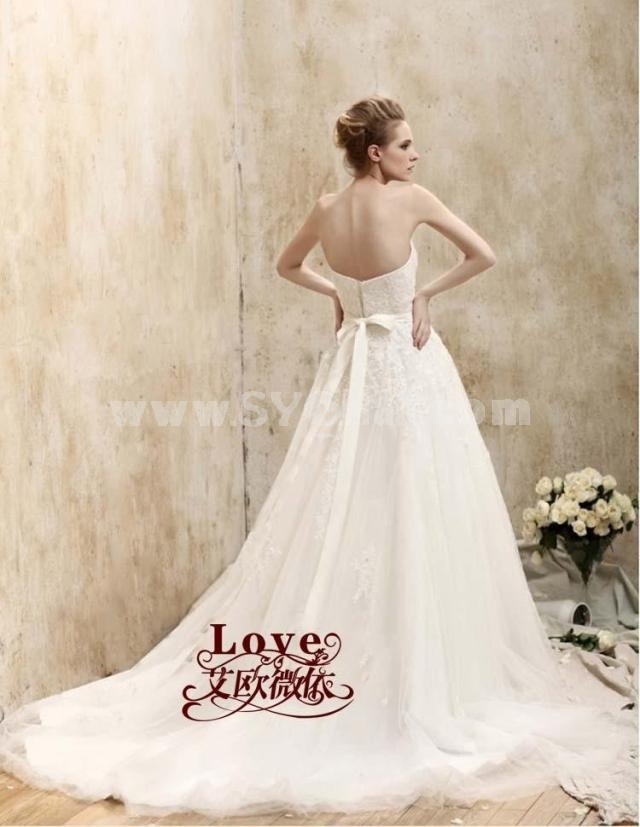 A-line Korean style V-neck Luxurious Wedding Dress with Cathedral Train