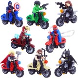 wholesale - 8Pcs Super Heroes Iron Man Hawkeye Batman Hulk Spiderman Building Blocks Mini Figure Toys with Motorcycles