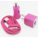 Wholesale - Car Charger + USB Data Charger Cable + Wall Charger Adaptor for iPod/iTouch/iPhone Series 4 - Hot Pink
