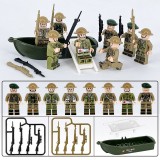 Wholesale - Military WW2 8Pcs Soldiers + Boat Minifigures Building Blocks Mini Figures with Weapons and Accessories