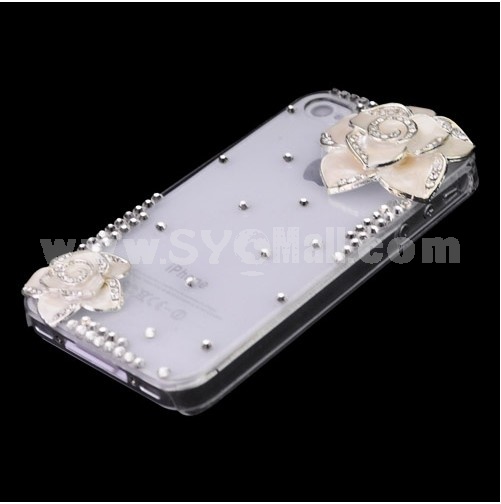 Graceful Hard Plastic Cover Case Protector with Rhinestone Flower Pattern for iPhone 4/4S-White