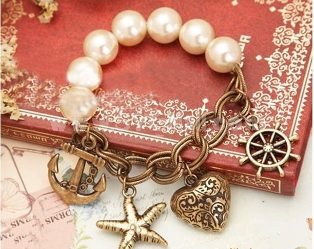 Vintage Imitation Pearl Strand with Rudder & Starfish & Peach Heart Pendants Bracelet (TB494)