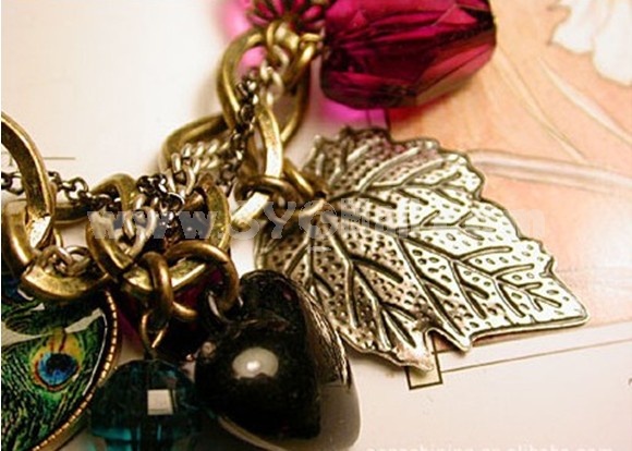 Faddish Alloy Bracelet with Tassels & Peacock Peach Heart & Leaf Pendants