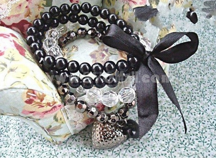 Hot Sale Stylish Beading Bracelet with Black Peach Heart & Bowknot Pendants (T093)  
