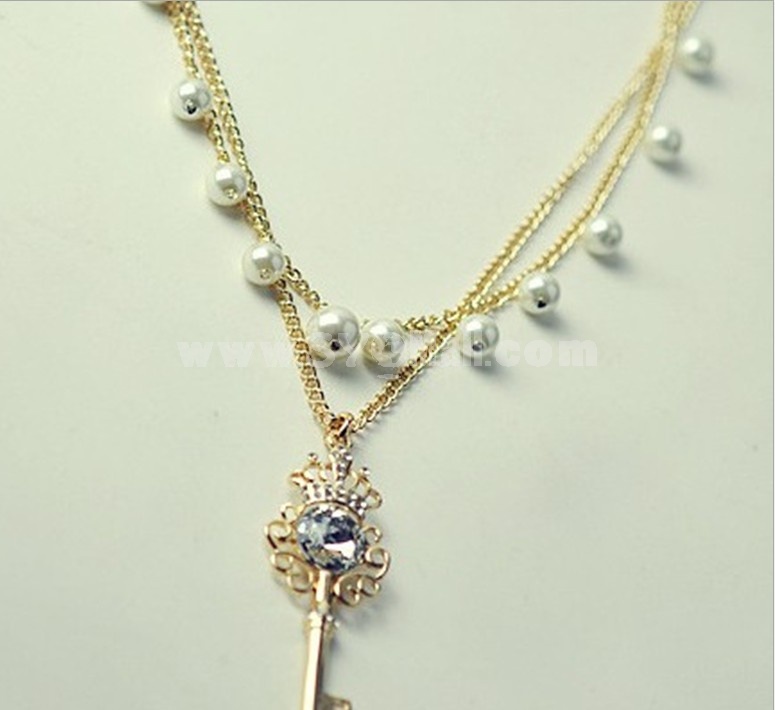 Shiny Crown Key pearl Two Layed Necklace (TB361)