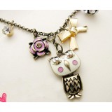 Wholesale - Koera Vintage Owl & Bowknot Diamonds Pendants Necklace (TA50)