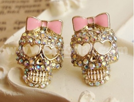 Vintage Diamonds Skull & Pink Bowknot Earring 