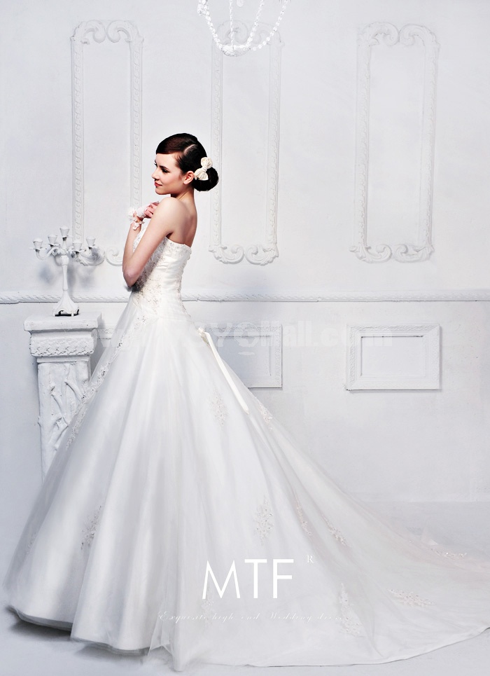 MTF Luxurious Korea Sweep Train A-line Strapless Wedding Dress H694