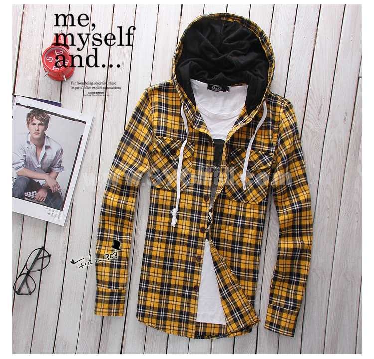 Trendy Man's Casual Hooded Checked Shirt with Long Sleeves (303-C68)