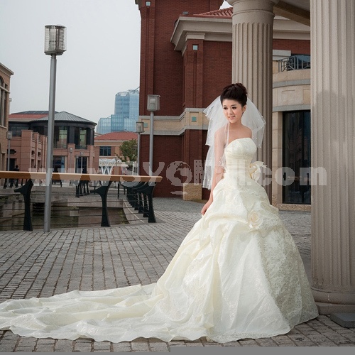 A-line Strapless Flora Sweep Satin Wedding Dress