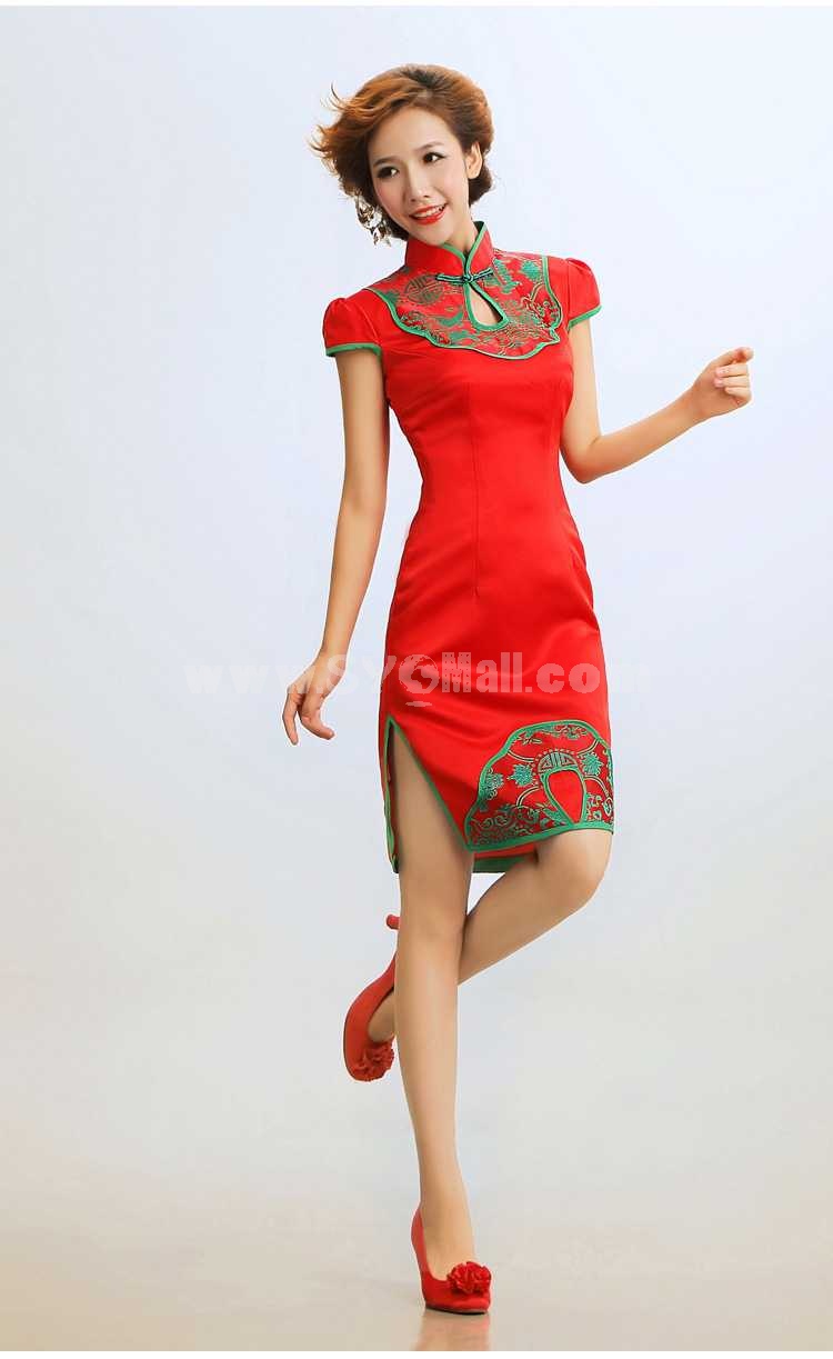 Retro Mandarin Collar Short Sleeve Knee-length Short Cheongsam / Chinese Dress 