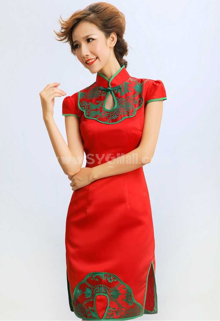 Retro Mandarin Collar Short Sleeve Knee-length Short Cheongsam / Chinese Dress 