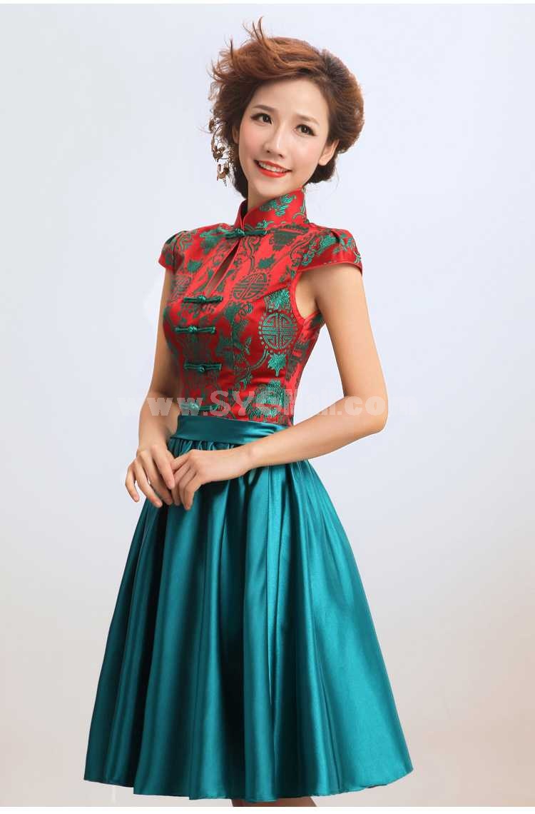 Mandarin Collar Short Sleeve Knee-length Short Cheongsam / Chinese Dress 