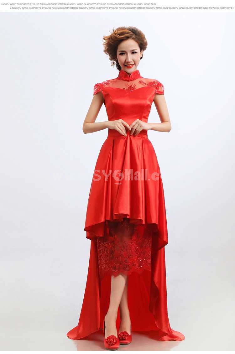 Mandarin Collar Short Sleeve Knee-length Asymetric Cheongsam / Chinese Dress 