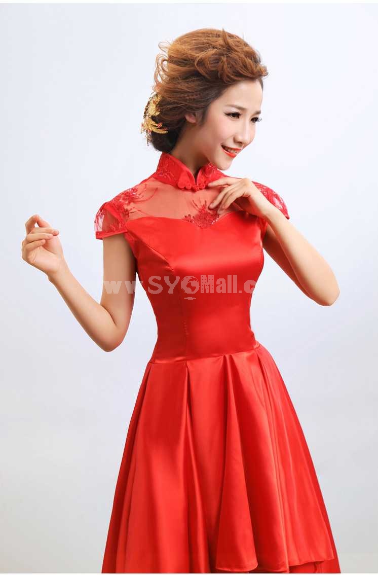Mandarin Collar Short Sleeve Knee-length Asymetric Cheongsam / Chinese Dress 