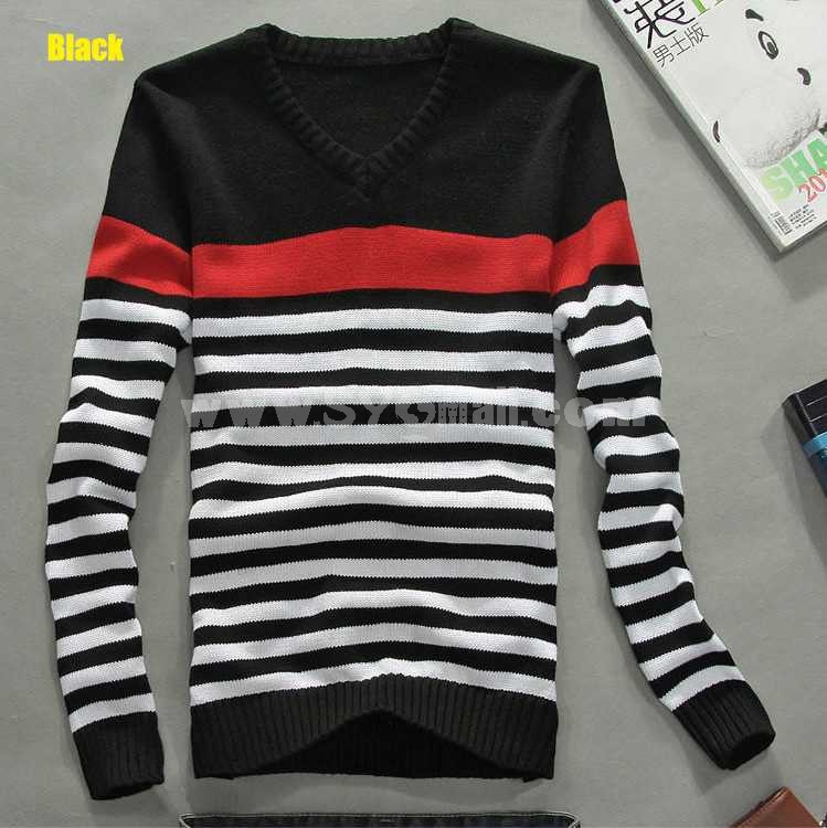 Fashionable Casual Tricolor Stripes Style V-Neck Knitwear (1612-MD228)