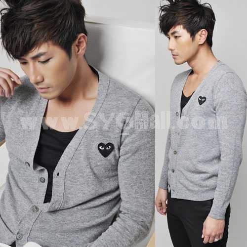 Trendy Grey Knitting Cardigan with Black Heart-Shaped Badge (8-1018-Y07)