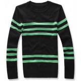 Wholesale - Delicately Designed Black Round-Neck Knitwear with green Stripes (9-1403-YJ224)