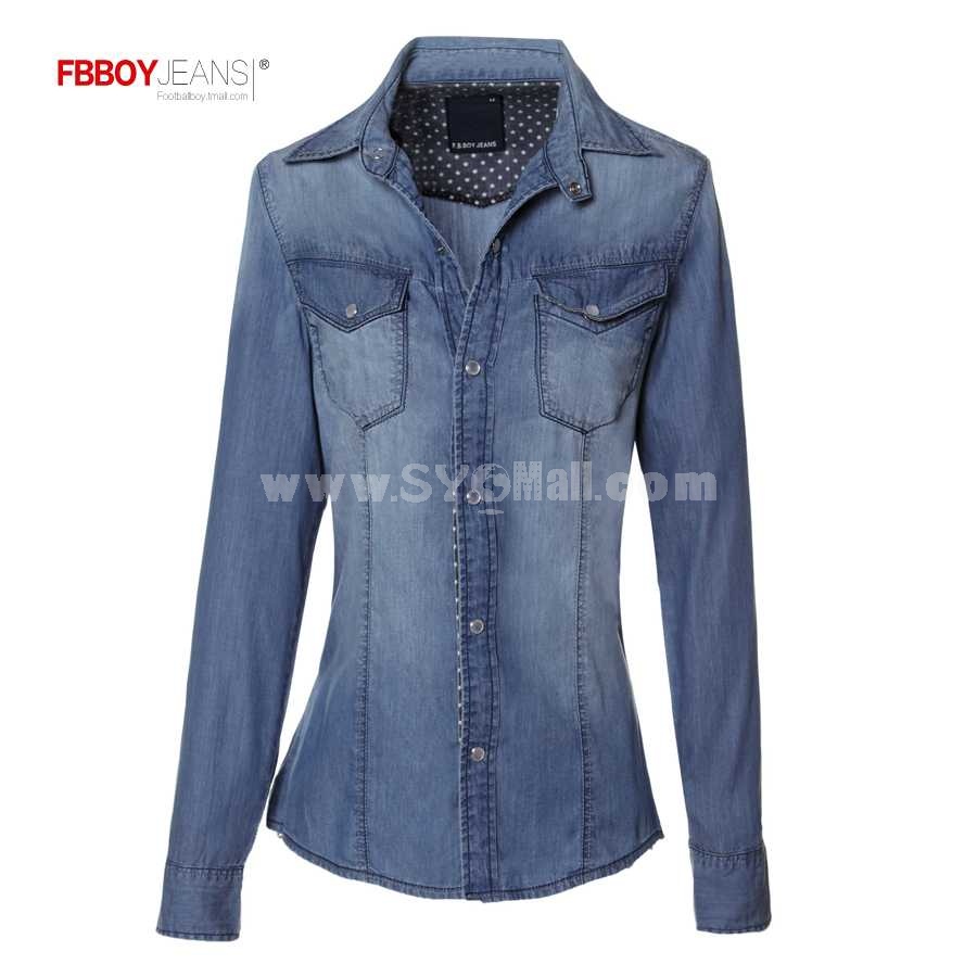 FBBOY Retro Style Slim Solid Denim Shirt Long Sleeves Denim Jacket Blouse FGS1010