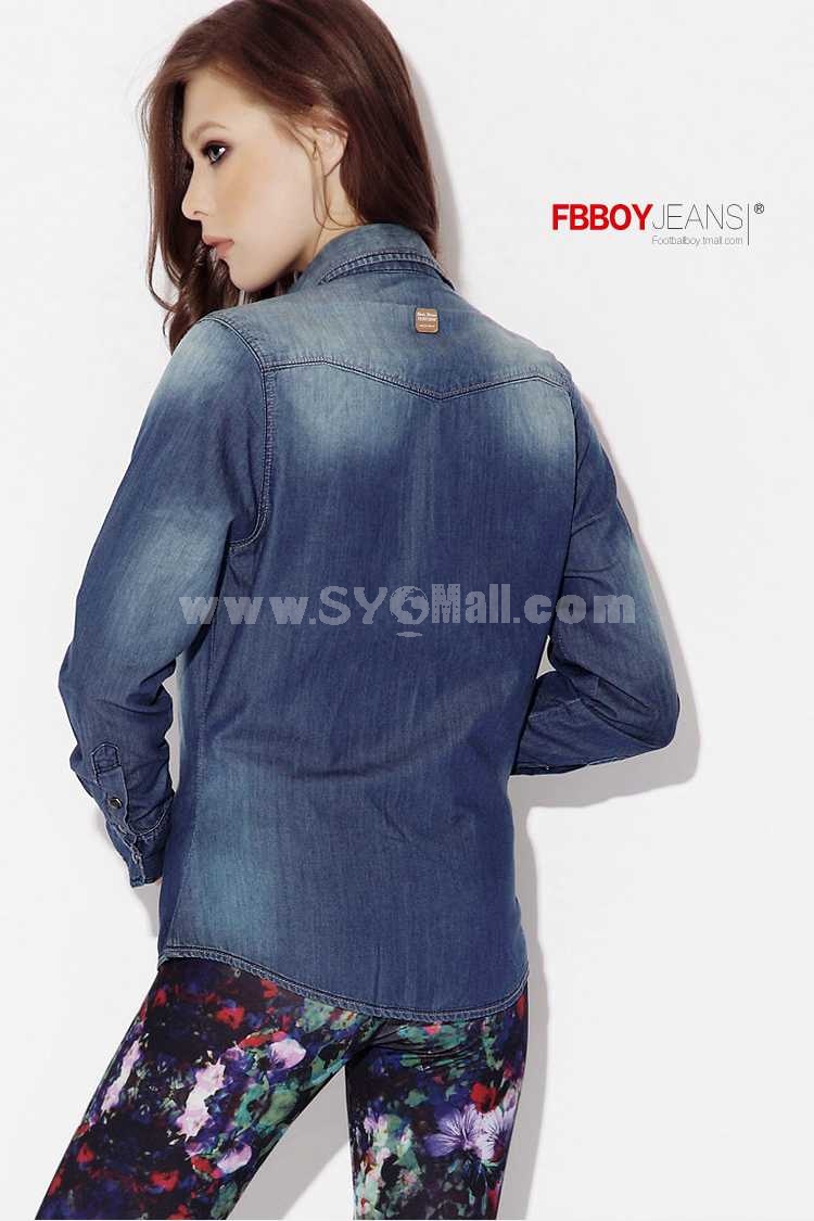 FBBOY Retro Style Slim Solid Denim Shirt Long Sleeves Denim Jacket Blouse FGS1010