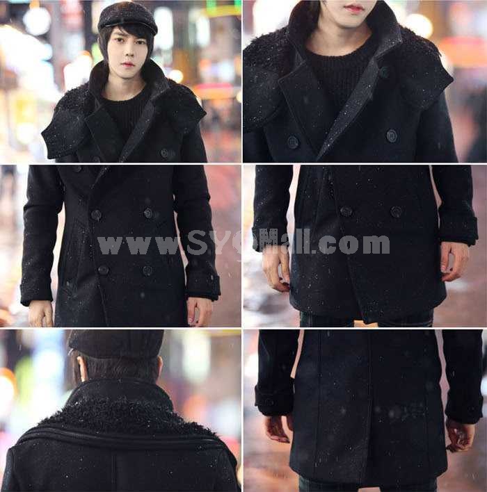 Men's Coat Double-Breasted Fur Collar Black Fashion (1704-CY73)