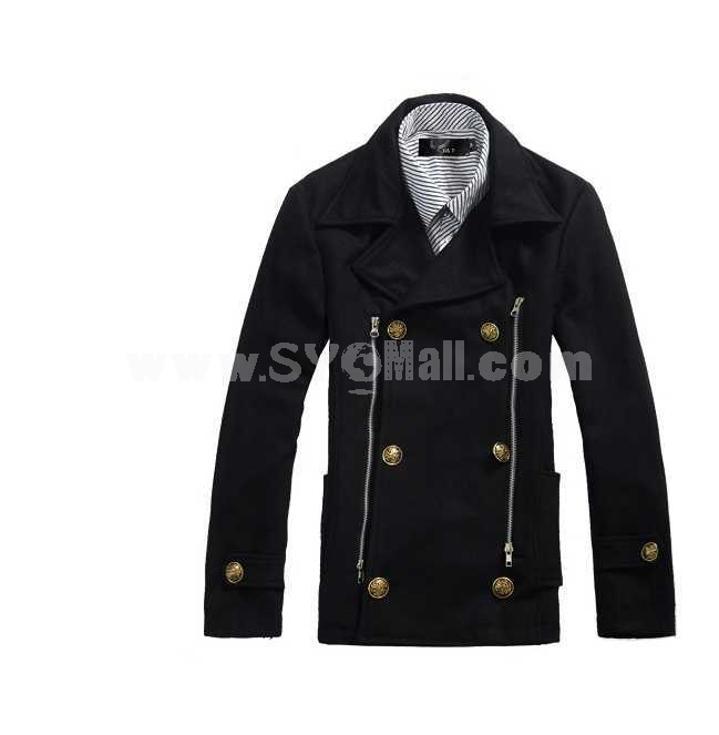 Men's Coat Double-Breasted Lapel Pure Color Slim Wool (1106-A34)