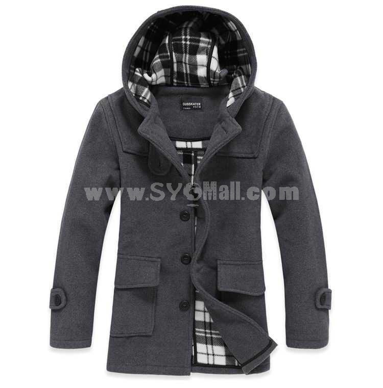 Men's Coat Extra Thick Plaid Lining Hooded Wool (10-1616-Y223)