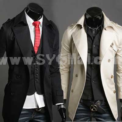Men's Coat Double-Breasted Medium Length Wide Lapel Pure Color (10-209-6389)