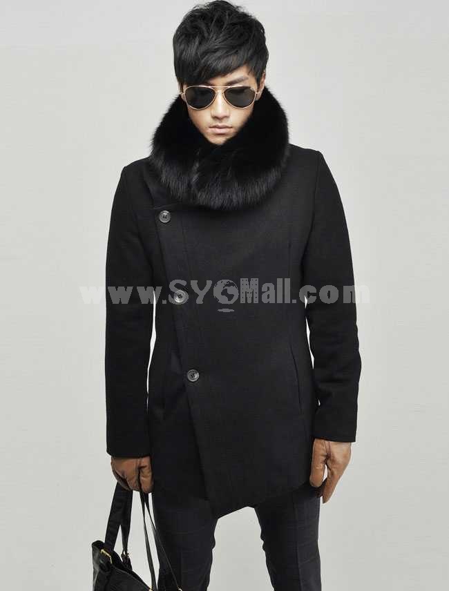 Men's Coat Fur Collar Medium Length Wool Business Casual Pure Color (8-1018-H20)
