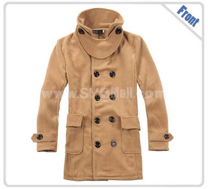Men's Coat Wide Lapel Double-Breasted Medium Length Pure Color (12-1014-M8)