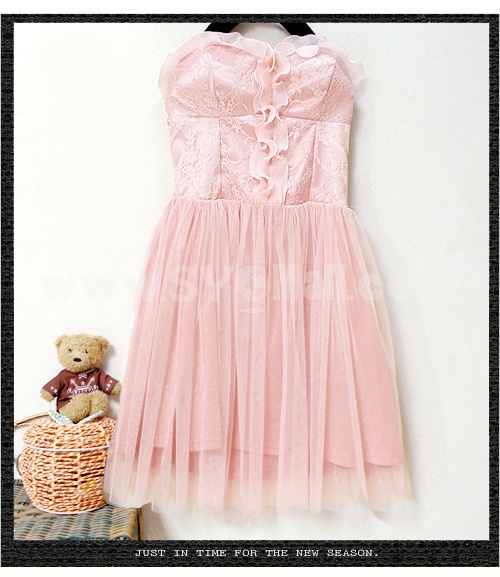 Mini Hollow Strapless Lace Tulle Soild Color Sweet Heart Party Dress