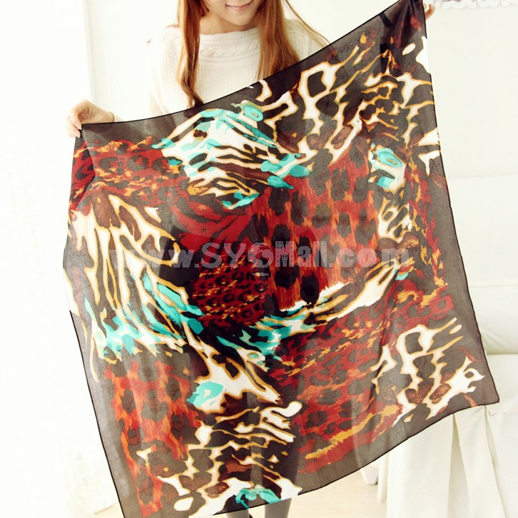 Leopard Pattern Pure Mulberry Silk Printing Square Women's Kerchief Scarf