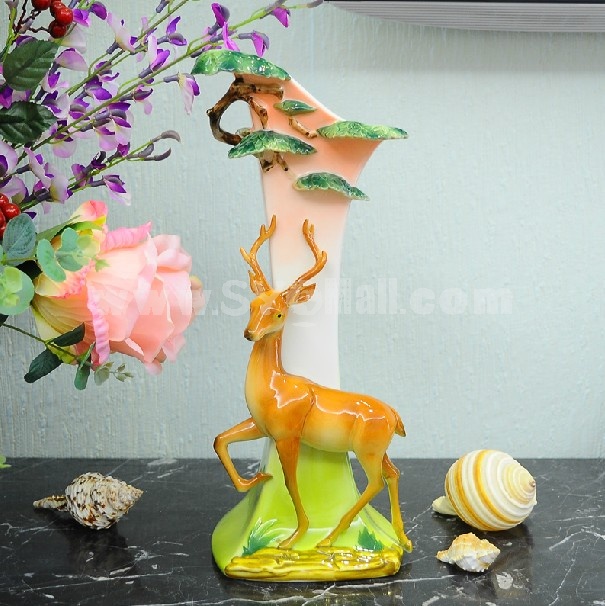 Creative Ceramic Craft for Home Decoration "Sika Deer and Pine"