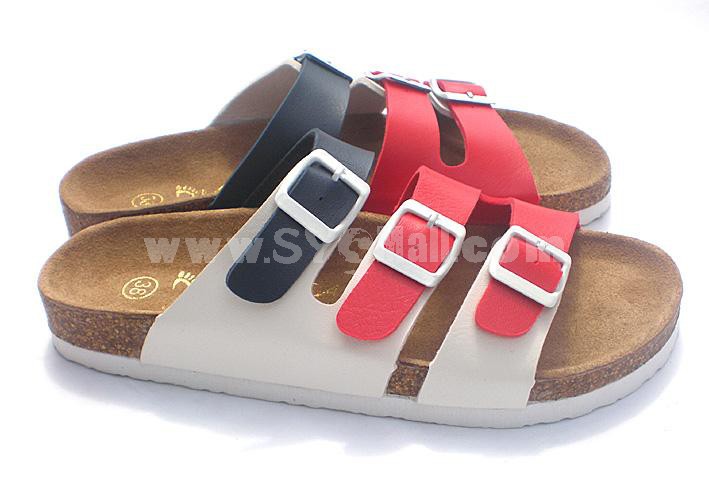 3 Buckles PU Leather Corkwood Sandals Red Blue and White 