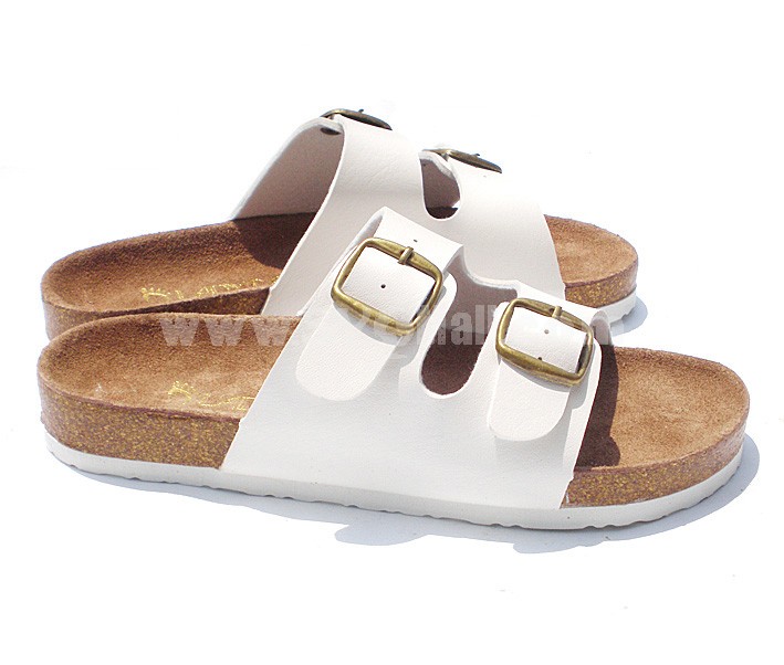 White 2 Buckles PU Leather Corkwood Sandals