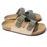 Wholesale - Green and Grey Color Matching 2 Buckles Nubuck Leather Corkwood Sandals