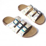 Wholesale - Little Orchids Printing 3 Buckles PU Leather Corkwood Sandals