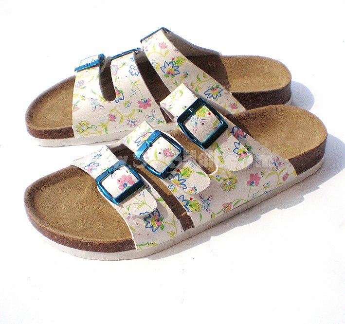 Little Orchids Printing 3 Buckles PU Leather Corkwood Sandals