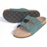 Wholesale - Blackish Green 2 Buckles Nubuck Leather Corkwood Sandals