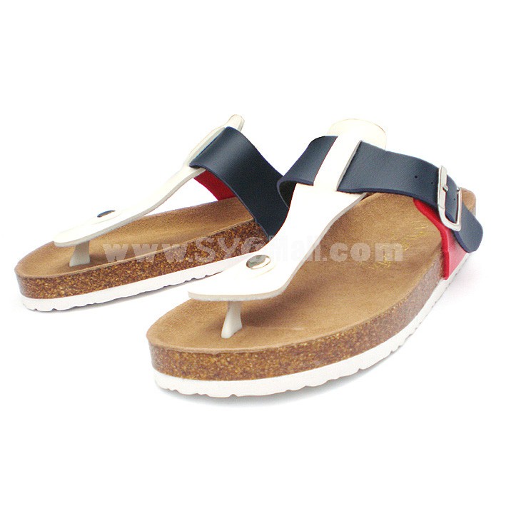 1 Buckles Flip-flop PU Leather Corkwood Sandals Red Blue and White