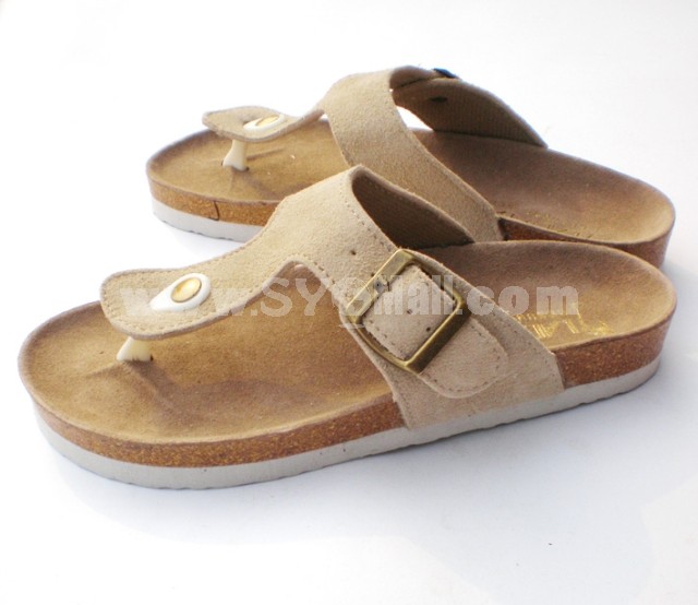 Cream Flip-flop Nubuck Leather Corkwood Sandals