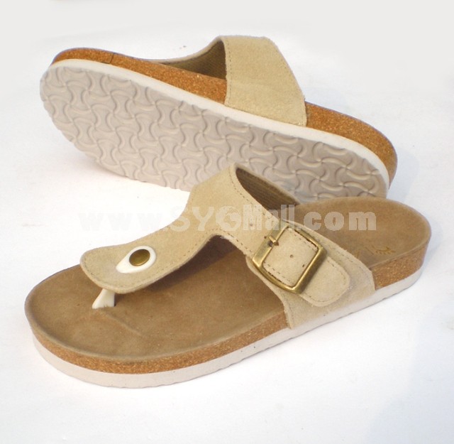 Cream Flip-flop Nubuck Leather Corkwood Sandals