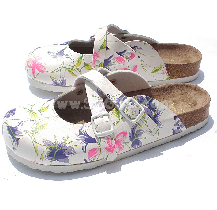Orchids Printing Full-head PU Leather Corkwood Sandals 